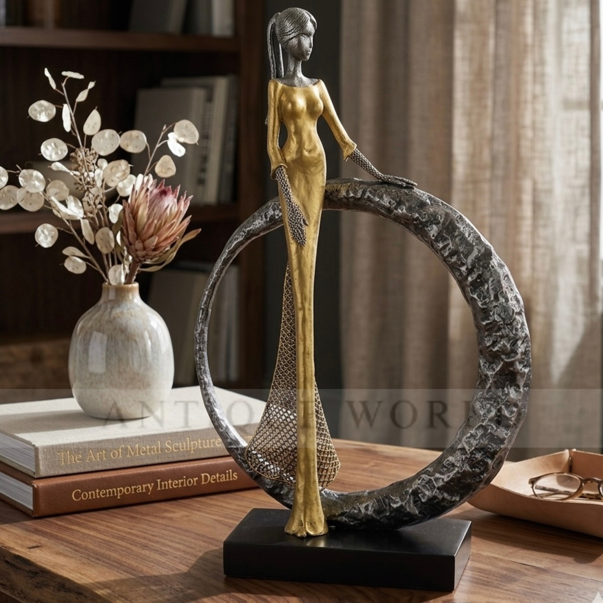 Abstract Golden Figure with Crimson Wave Backdrop