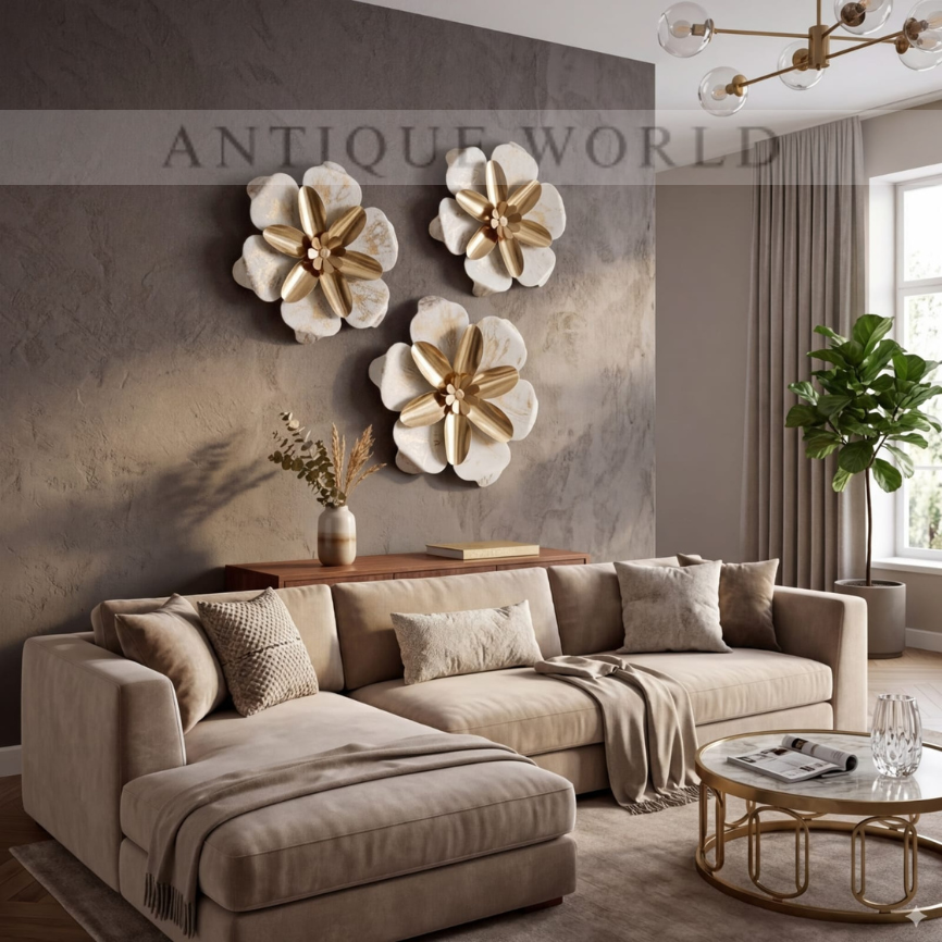 “Luxury Gold & Ivory Layered Floral Metal Wall Art Set (3-Piece)”