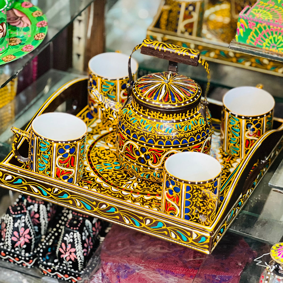 Swati Traditional Art Hand Painted Ceramic Cups and Steel Teapot ( 6pc Set )