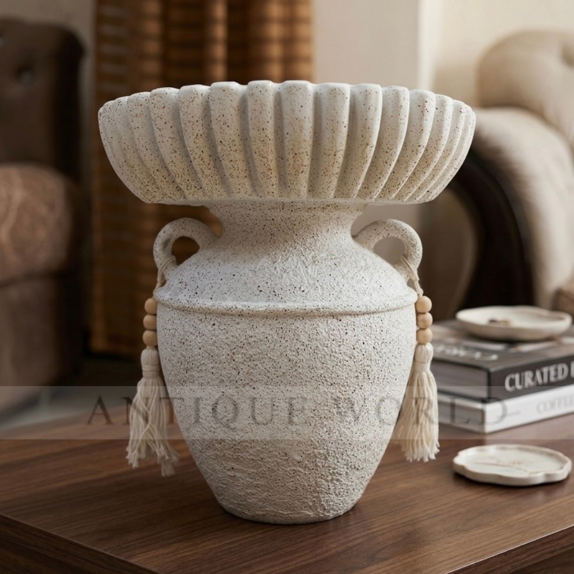 Decorative Textured Urn-Style Bowl with Tassel Accents