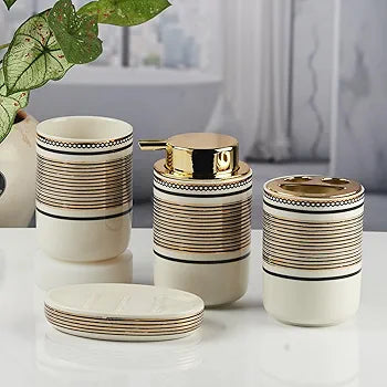 Ceramic Brown Textured Bathroom Accessories ( Set of 4 )