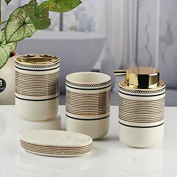 Ceramic Brown Textured Bathroom Accessories ( Set of 4 )