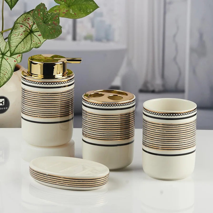 Ceramic Brown Textured Bathroom Accessories ( Set of 4 )