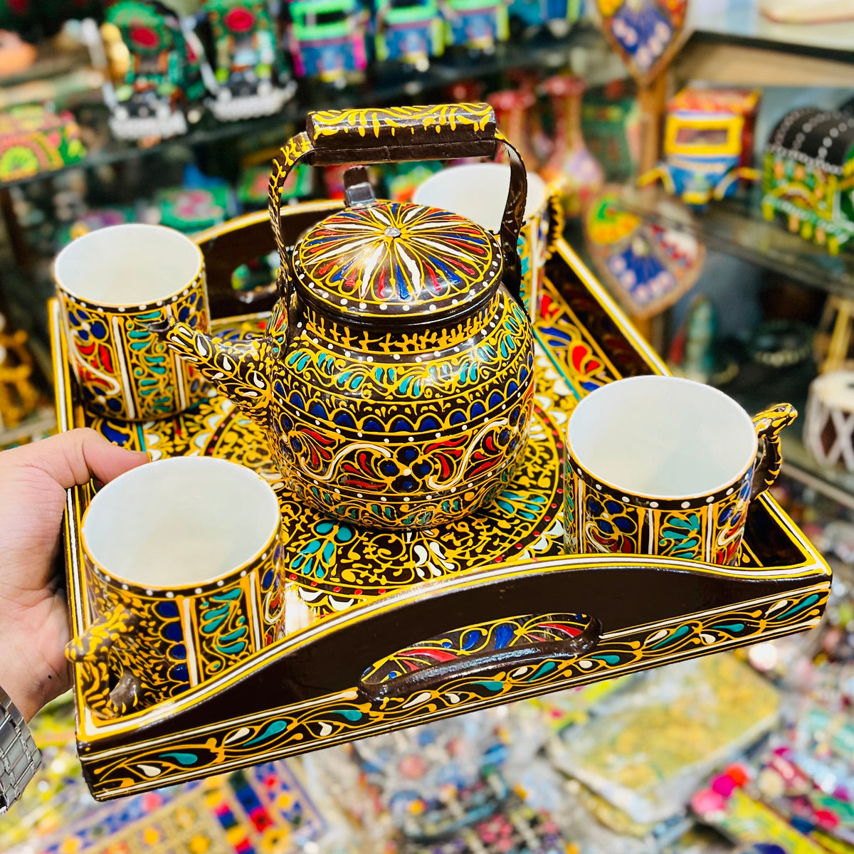 Swati Traditional Art Hand Painted Ceramic Cups and Steel Teapot ( 6pc Set )