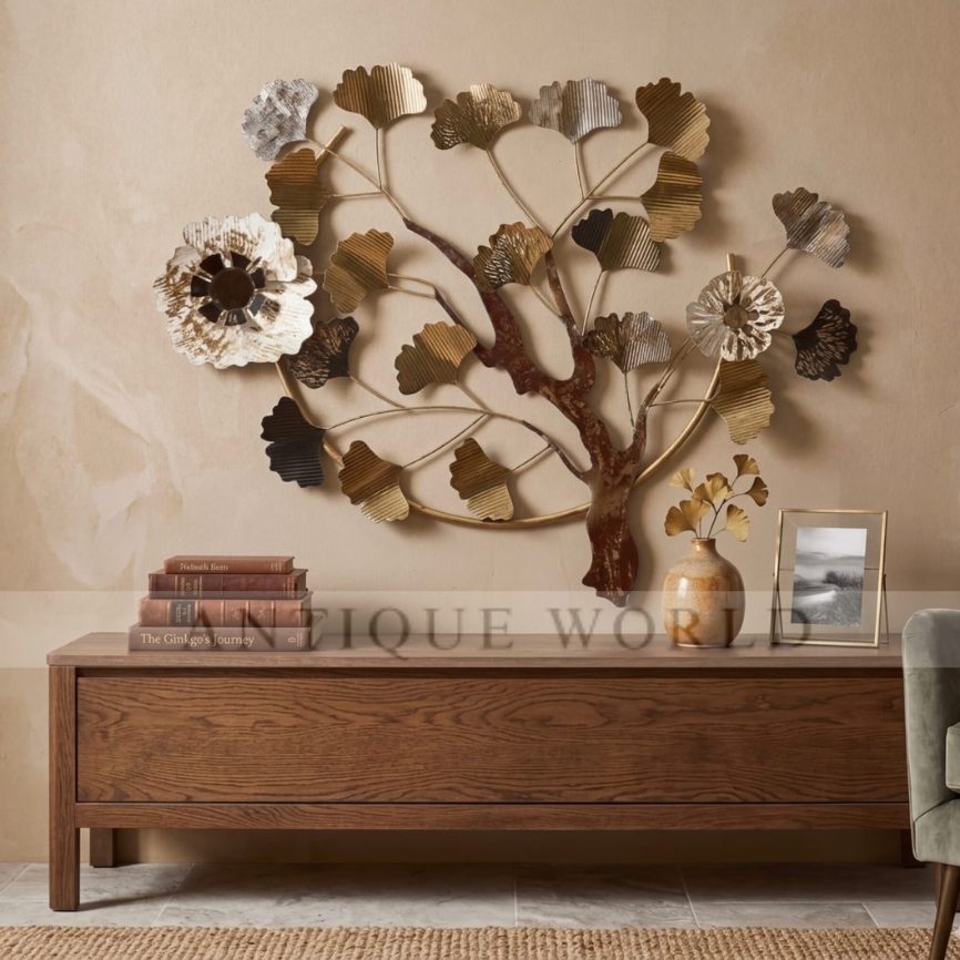 “Artisan Metallic Ginkgo Leaf Tree Wall Sculpture with Floral Accents”