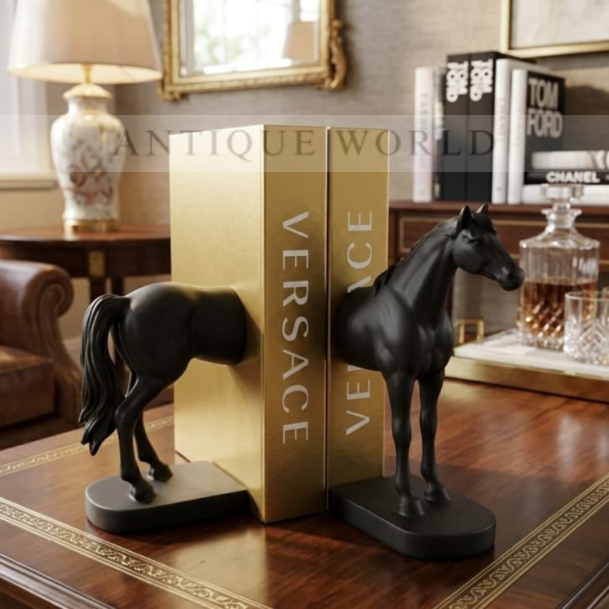“Modern Black Horse Bookend Set – Resin Decorative Book Holders”