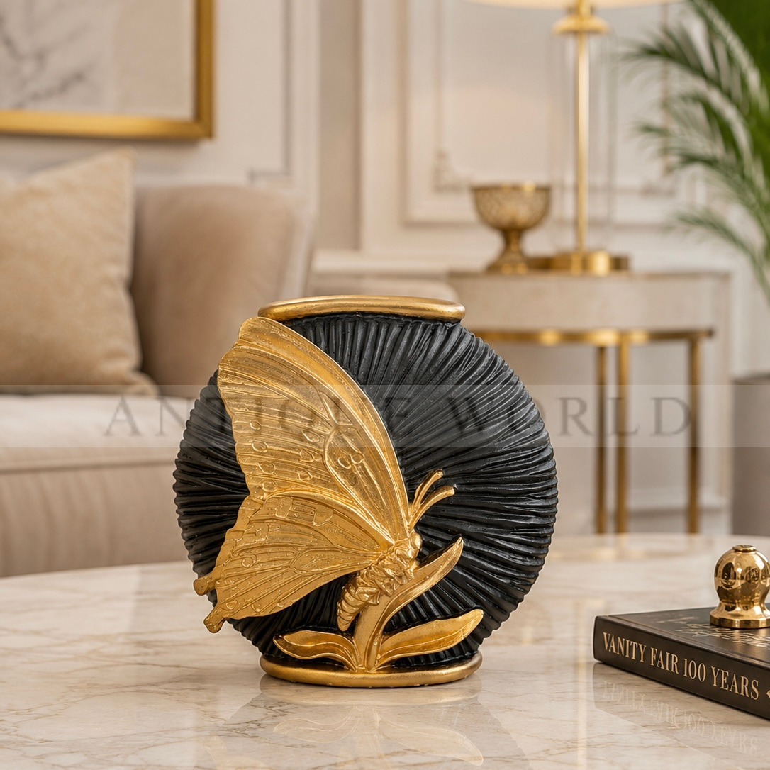 Luxury Black & Gold Butterfly Accent Vase