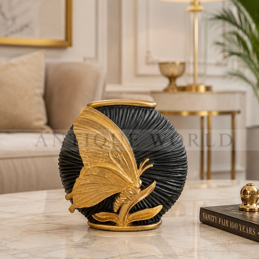 Luxury Black & Gold Butterfly Accent Vase
