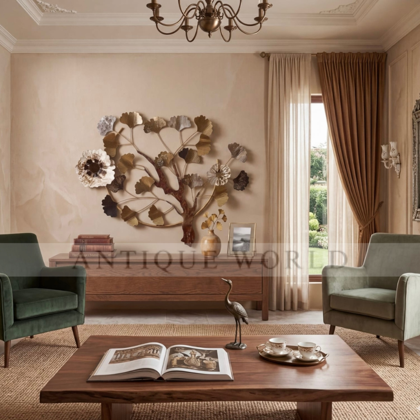 “Artisan Metallic Ginkgo Leaf Tree Wall Sculpture with Floral Accents”