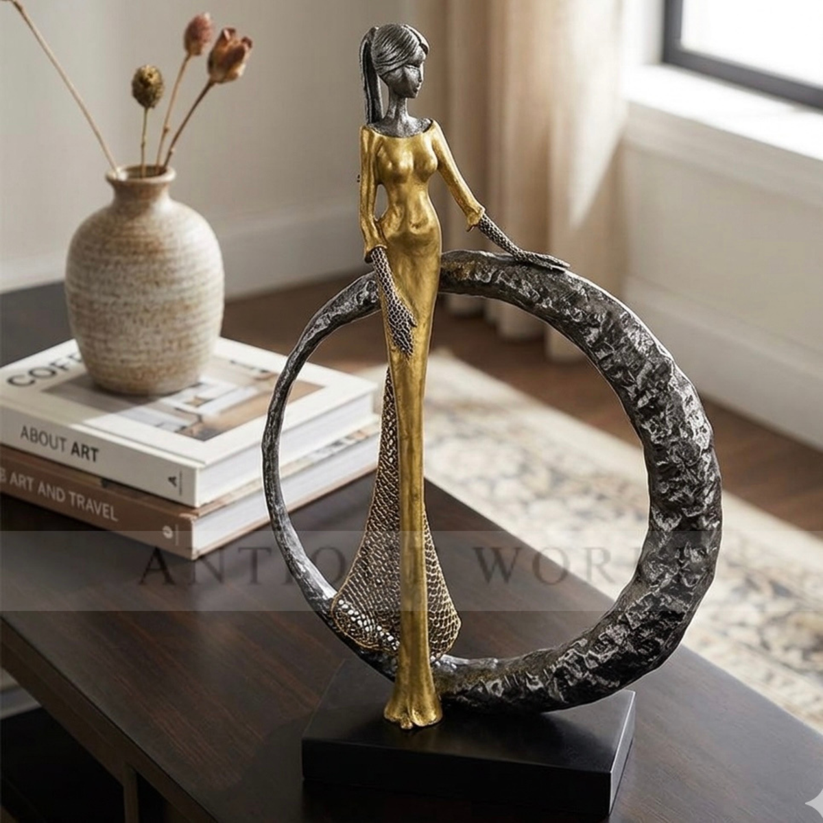 Abstract Golden Figure with Crimson Wave Backdrop