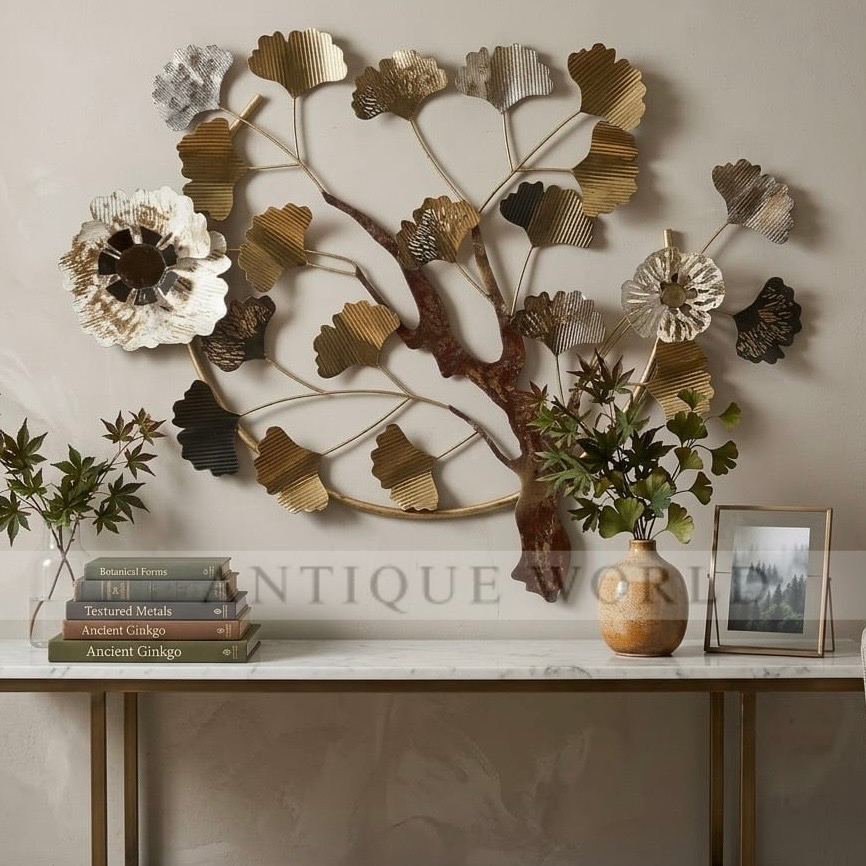 “Artisan Metallic Ginkgo Leaf Tree Wall Sculpture with Floral Accents”