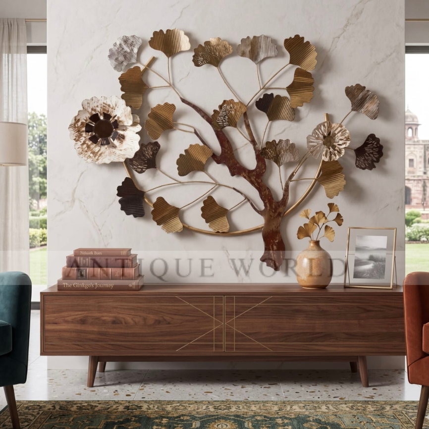 “Artisan Metallic Ginkgo Leaf Tree Wall Sculpture with Floral Accents”