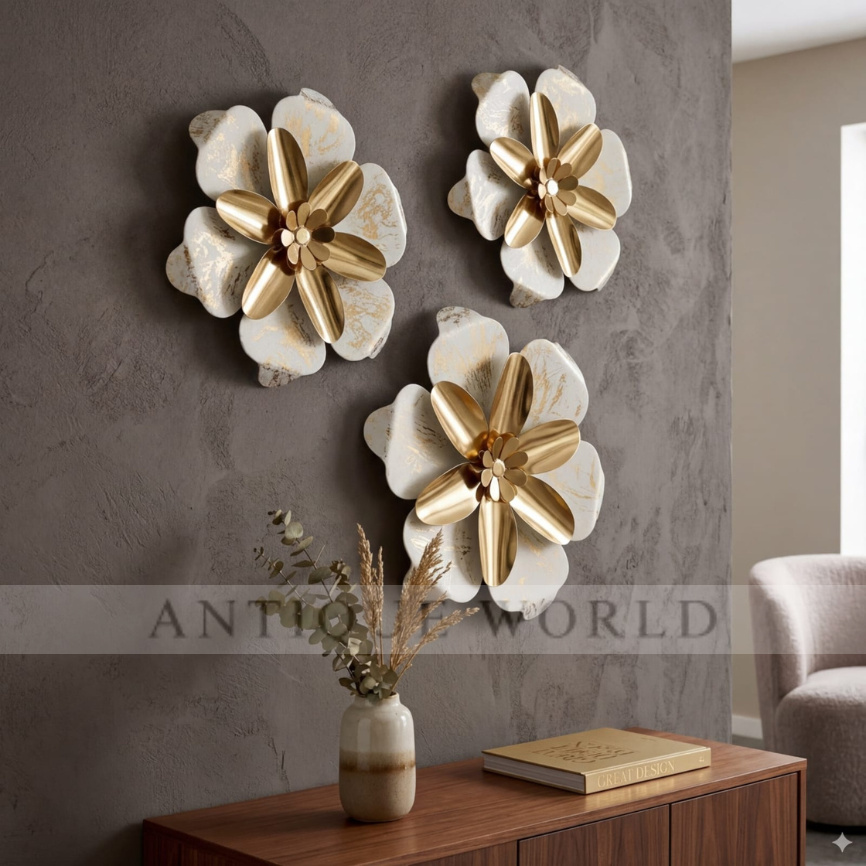 “Luxury Gold & Ivory Layered Floral Metal Wall Art Set (3-Piece)”
