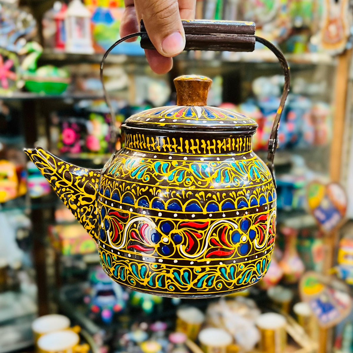 Swati Traditional Art Hand Painted Ceramic Cups and Steel Teapot ( 6pc Set )
