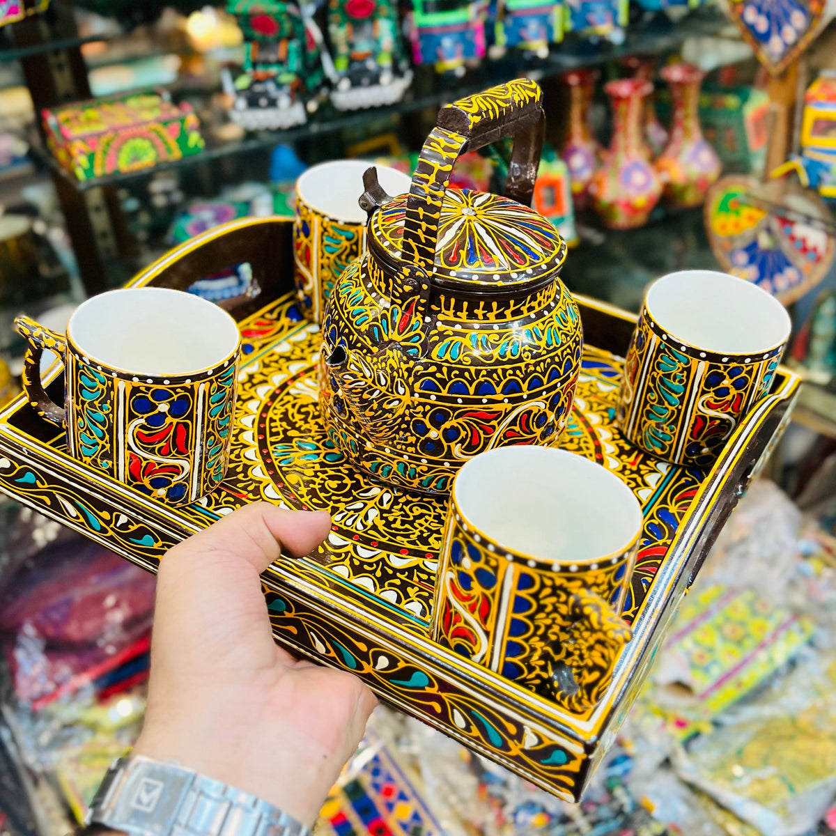 Swati Traditional Art Hand Painted Ceramic Cups and Steel Teapot ( 6pc Set )