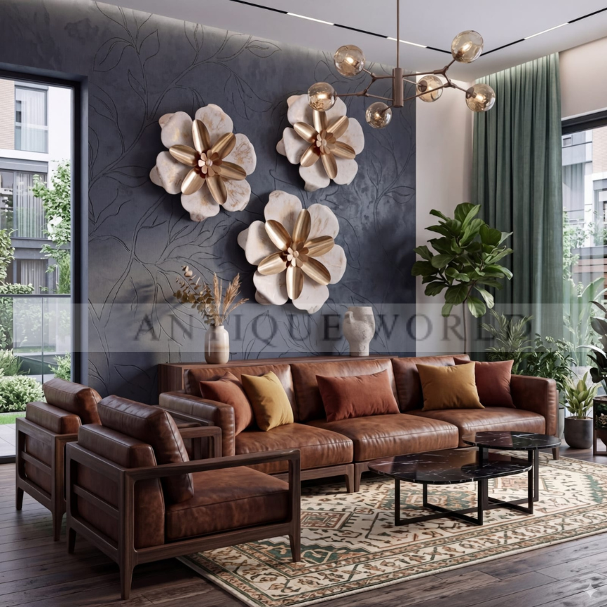 “Luxury Gold & Ivory Layered Floral Metal Wall Art Set (3-Piece)”