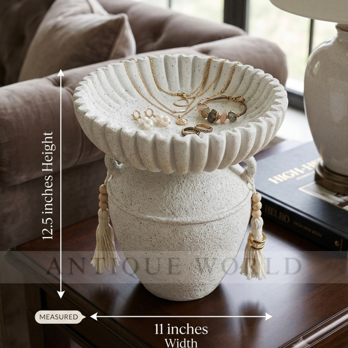Decorative Textured Urn-Style Bowl with Tassel Accents