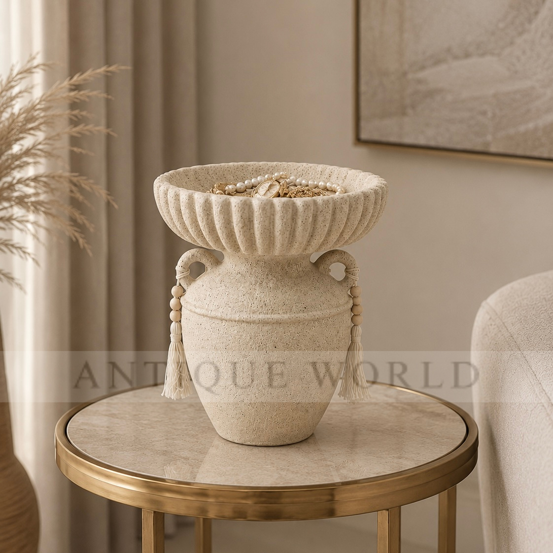 Decorative Textured Urn-Style Bowl with Tassel Accents