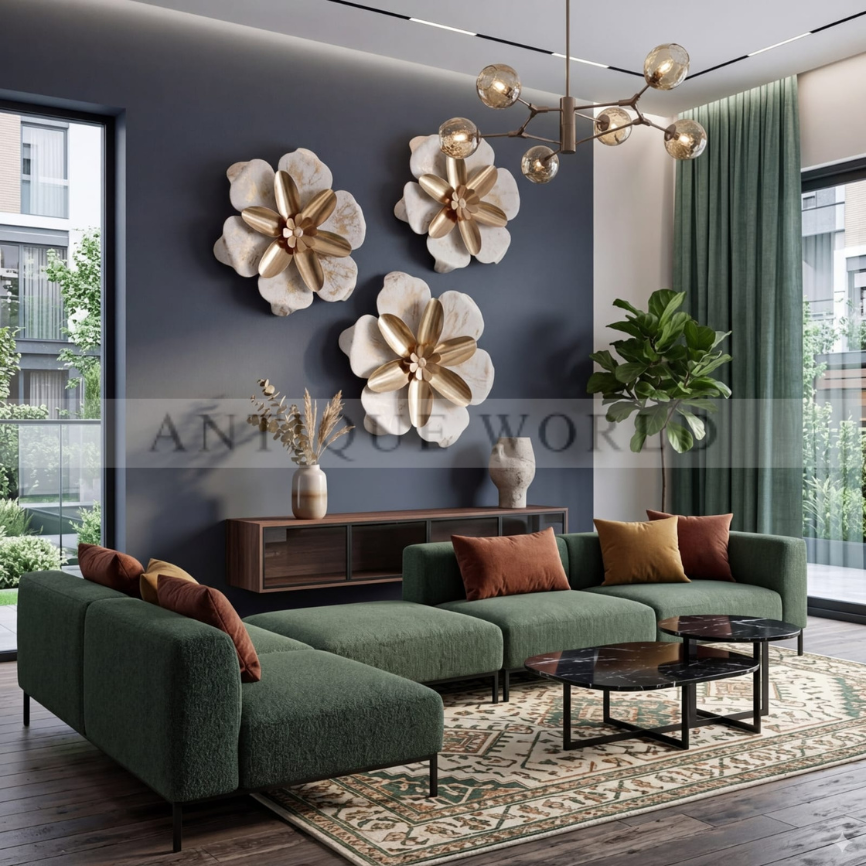 “Luxury Gold & Ivory Layered Floral Metal Wall Art Set (3-Piece)”