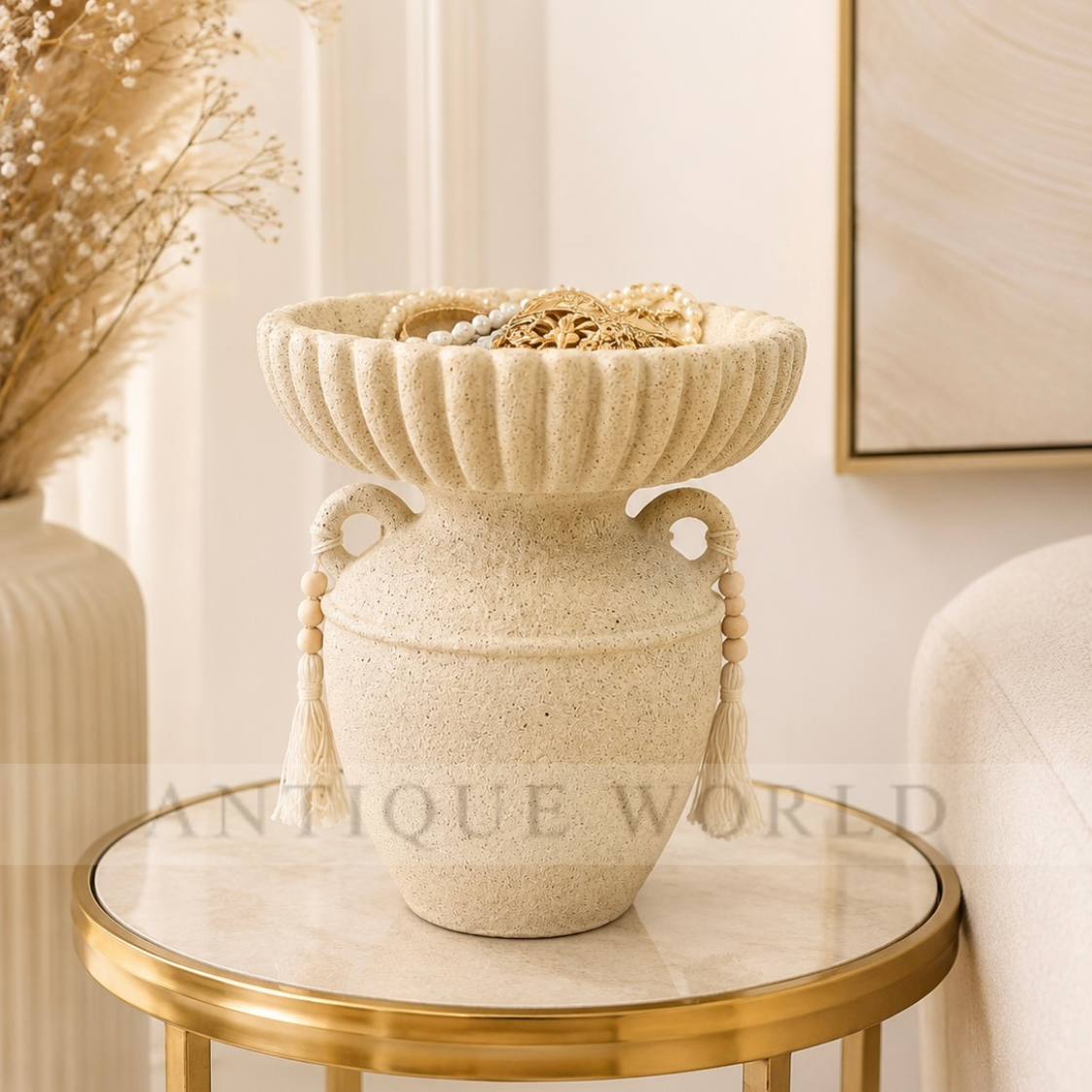 Decorative Textured Urn-Style Bowl with Tassel Accents