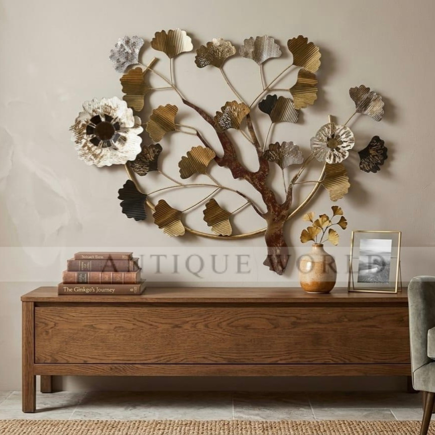 “Artisan Metallic Ginkgo Leaf Tree Wall Sculpture with Floral Accents”
