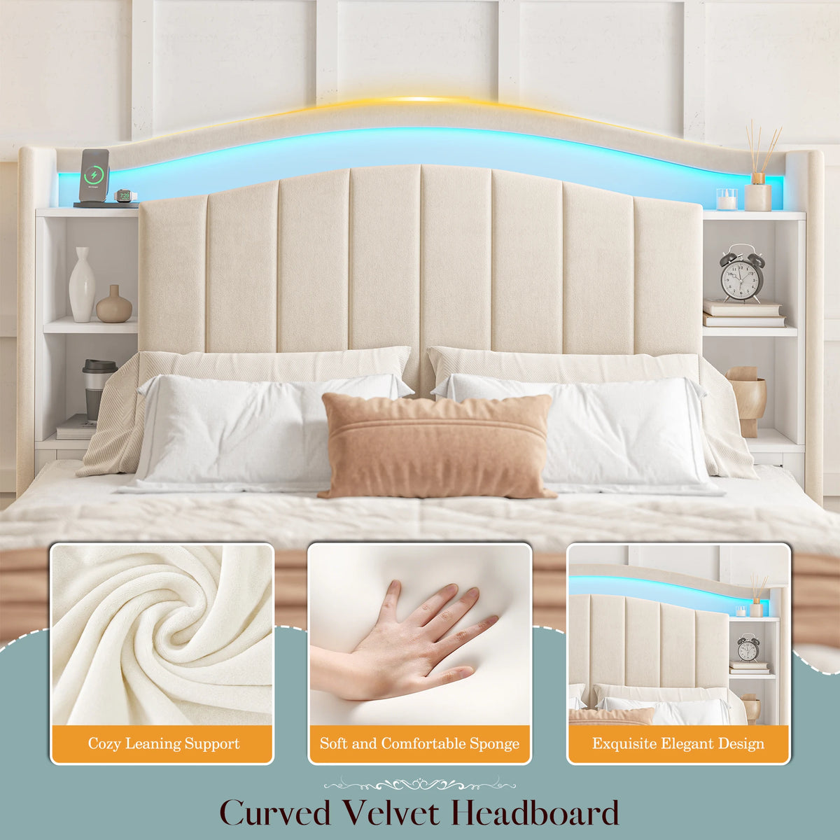 Storage Headboard Bed with LED Lights