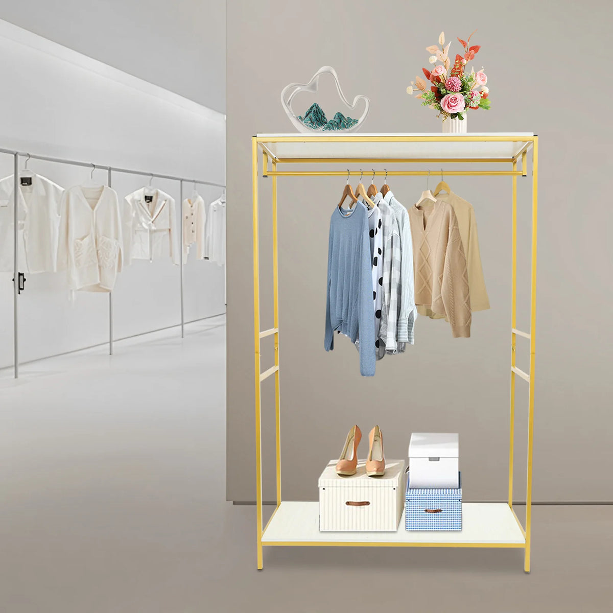 Gold Garment Rack with Shelves