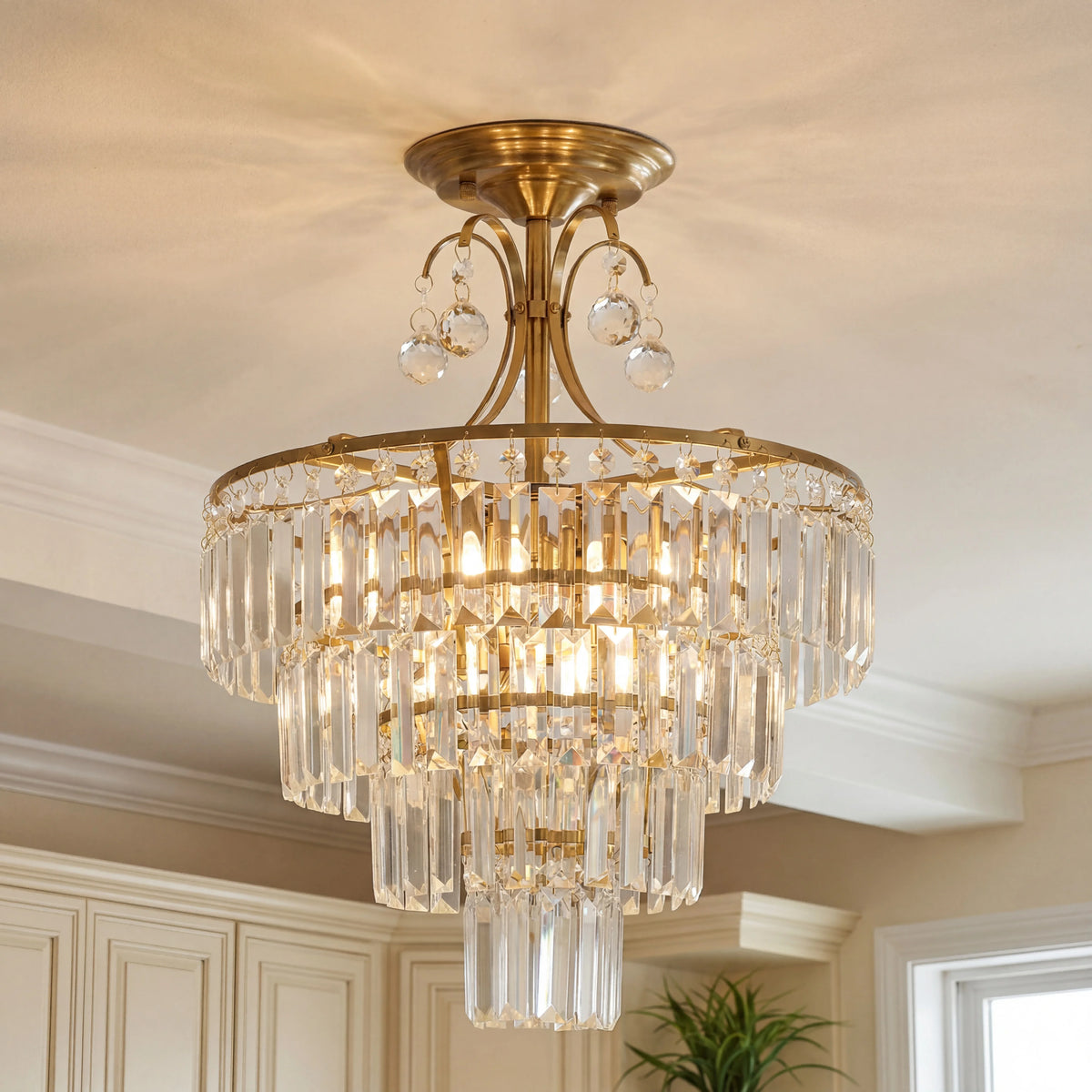 Gold Crystal Semi-Flush Ceiling Light
