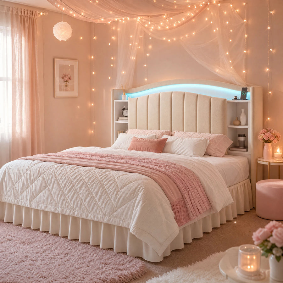 Storage Headboard Bed with LED Lights
