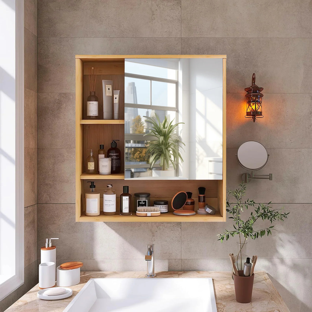 Bamboo Mirror Cabinet with Shelves