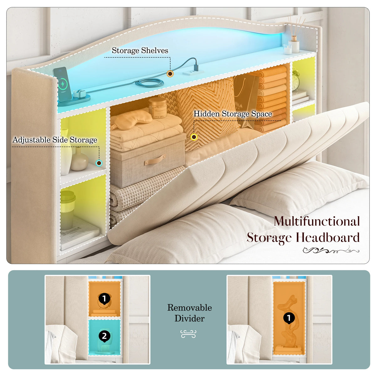 Storage Headboard Bed with LED Lights
