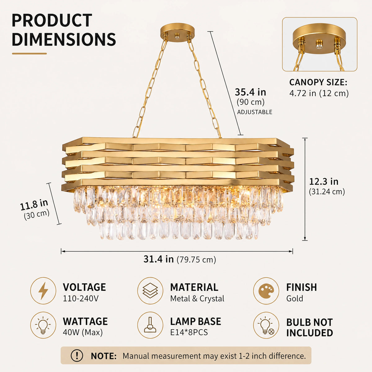 Rectangular Gold Crystal Chandelier