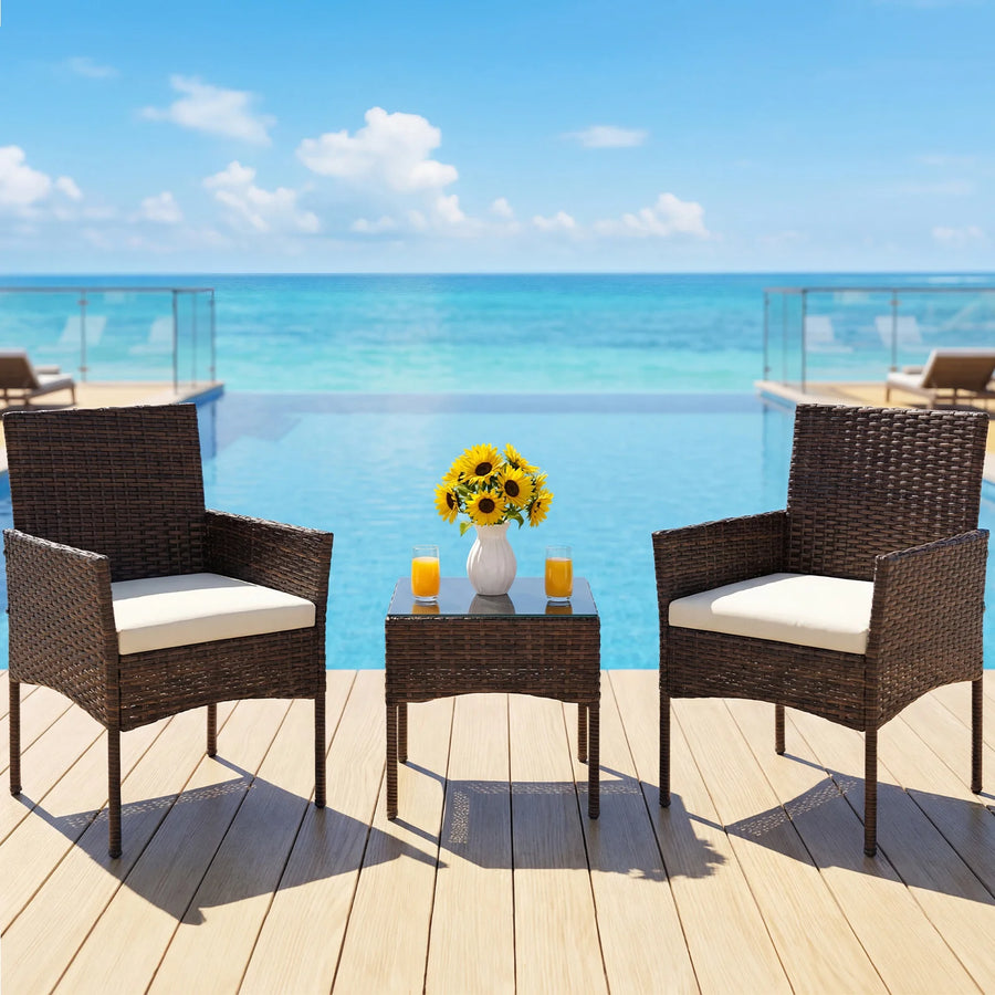 Wicker Bistro Set with Glass Table
