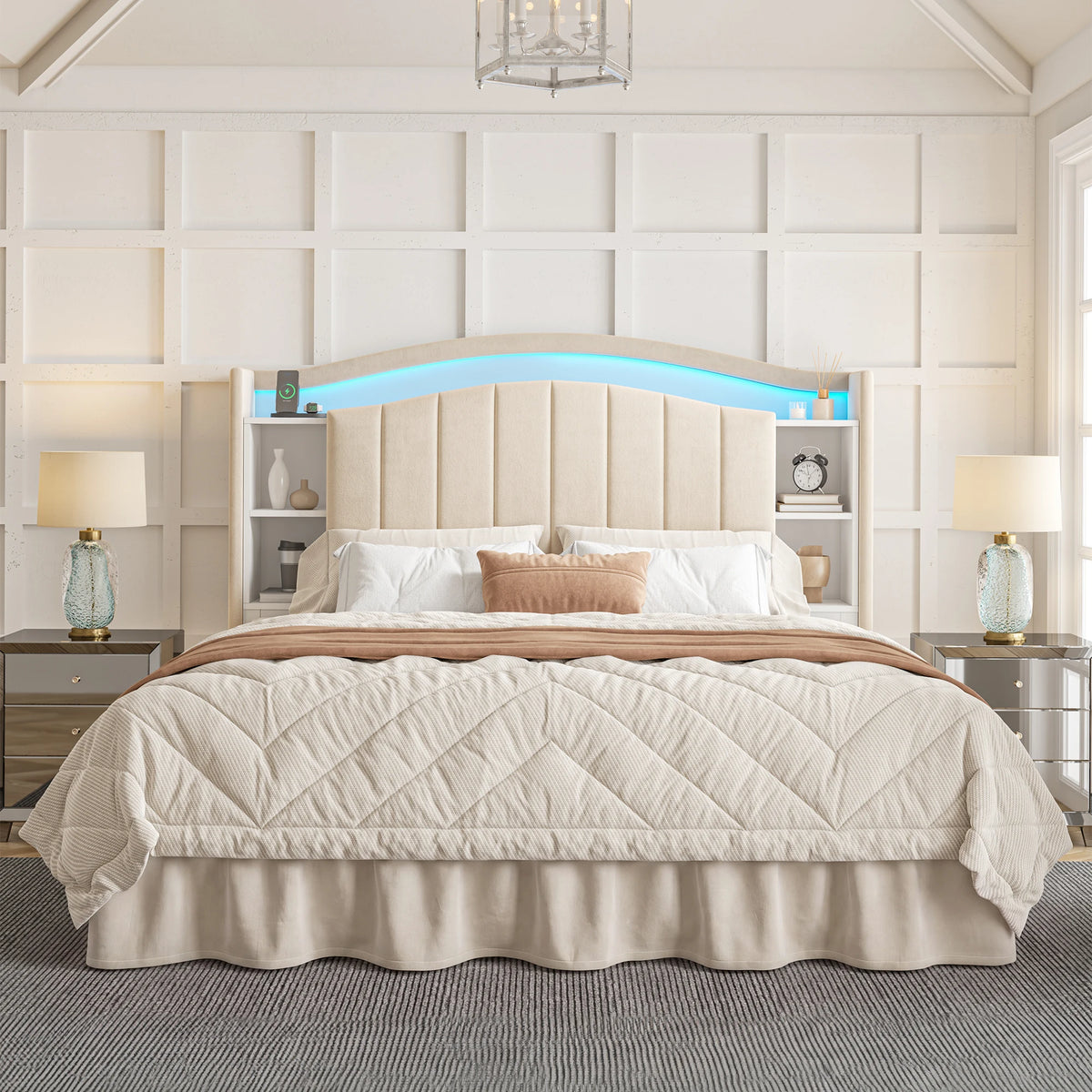 Storage Headboard Bed with LED Lights