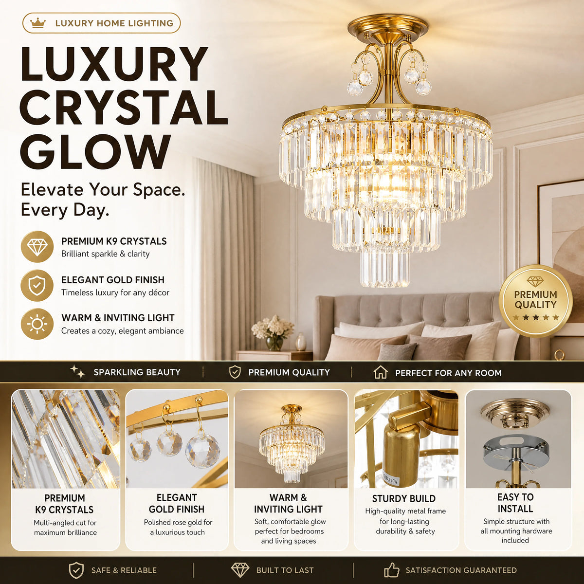 Gold Crystal Semi-Flush Ceiling Light