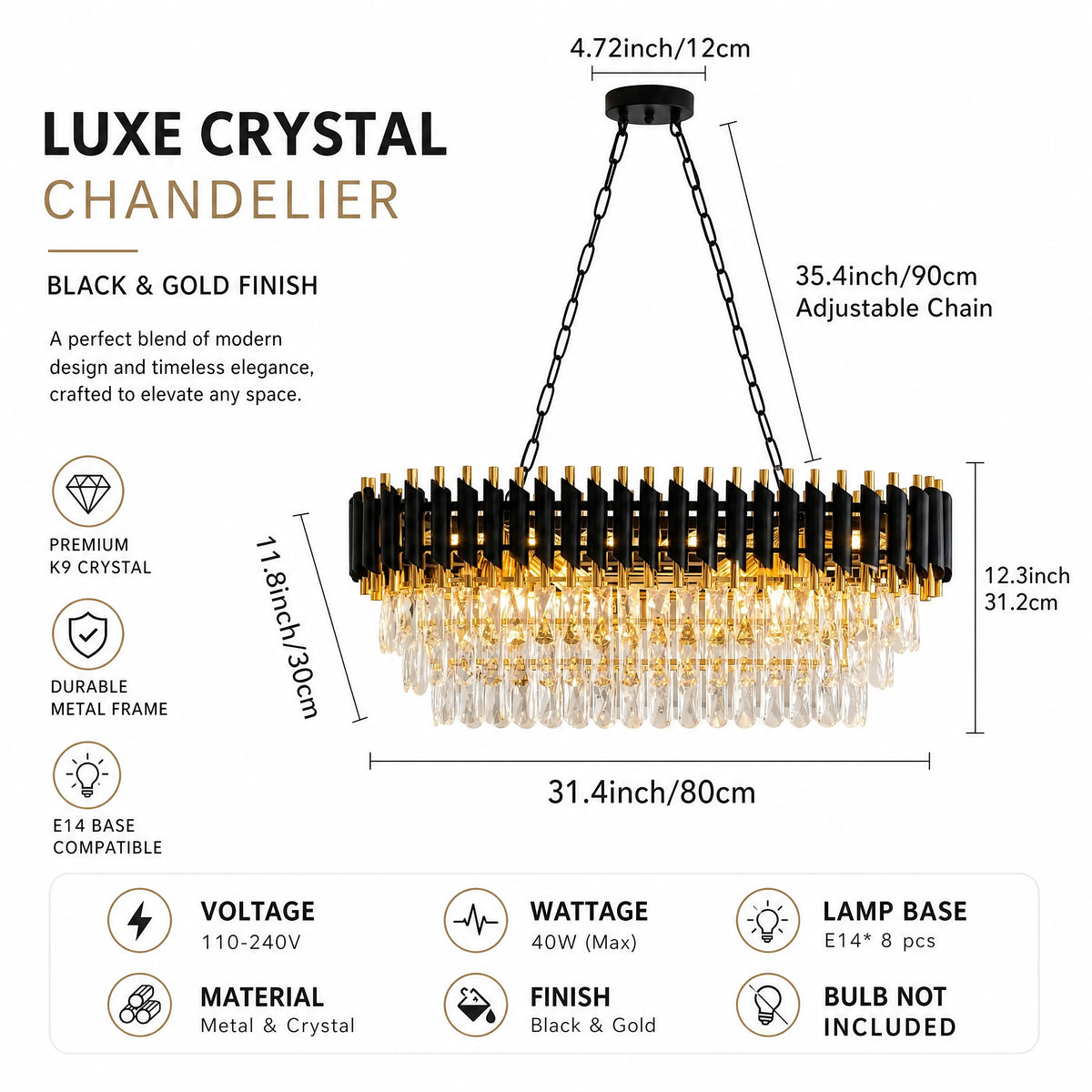 Oval 3-Tier Crystal Chandelier