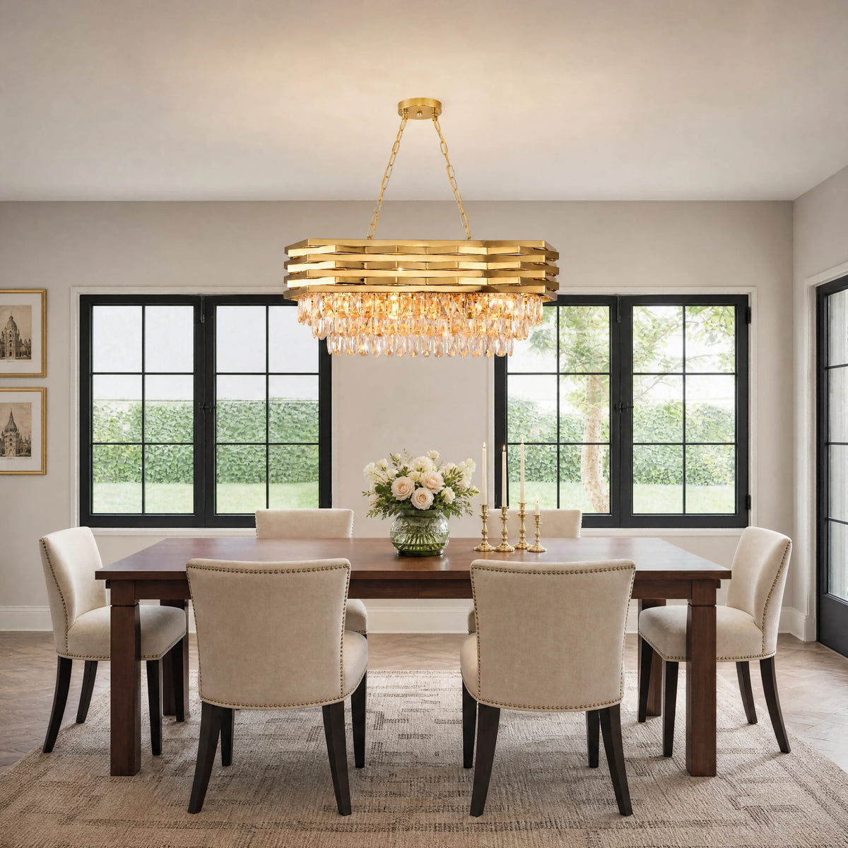 Rectangular Gold Crystal Chandelier