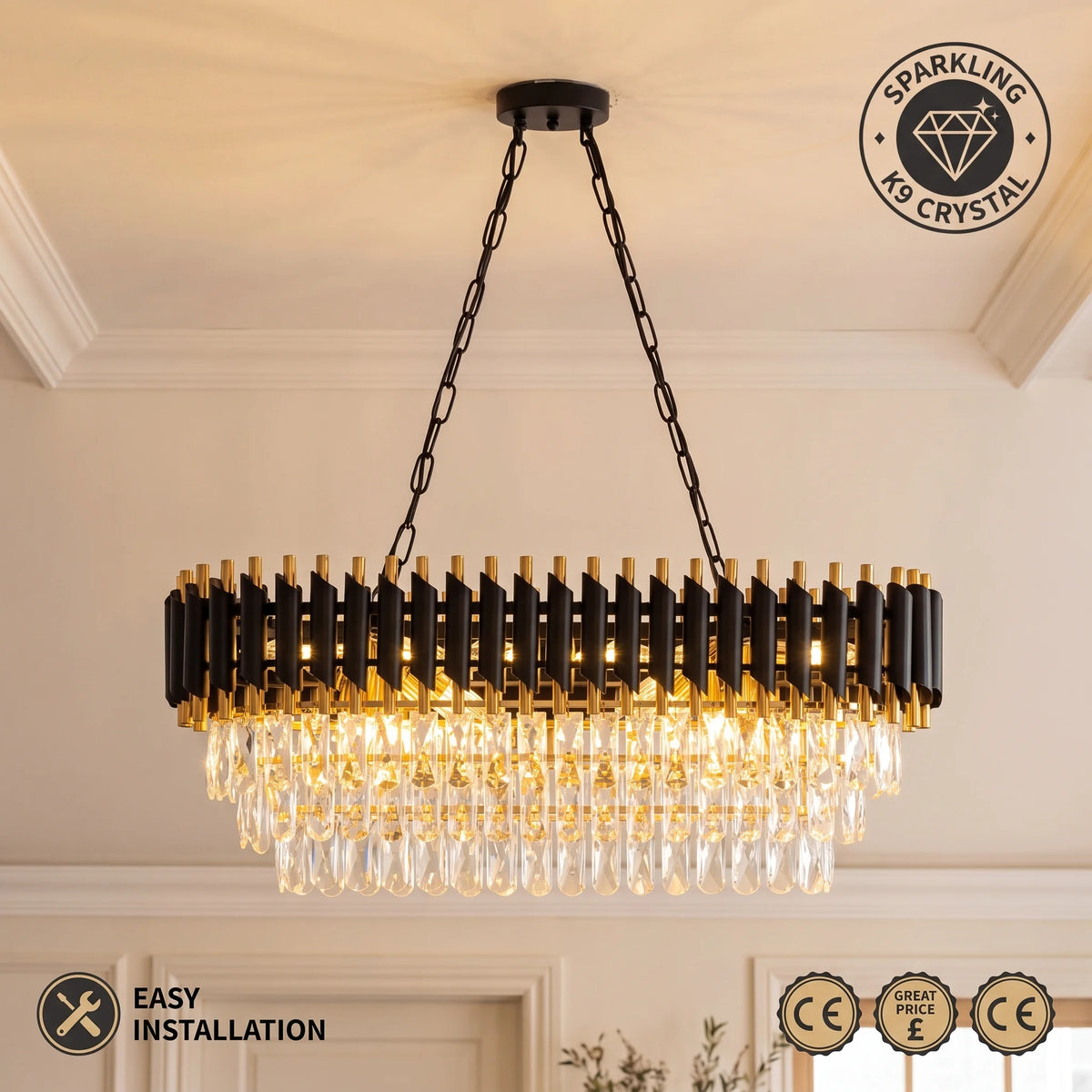Oval 3-Tier Crystal Chandelier