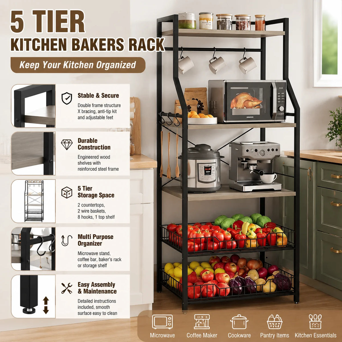 Kitchen Bakers Rack with Baskets