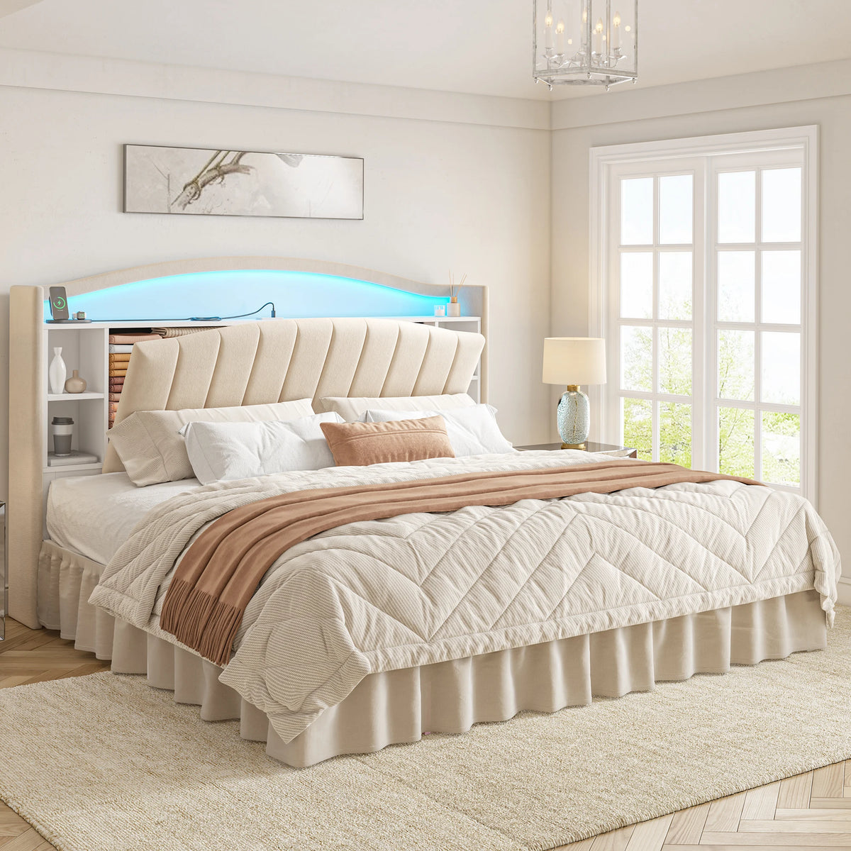 Storage Headboard Bed with LED Lights