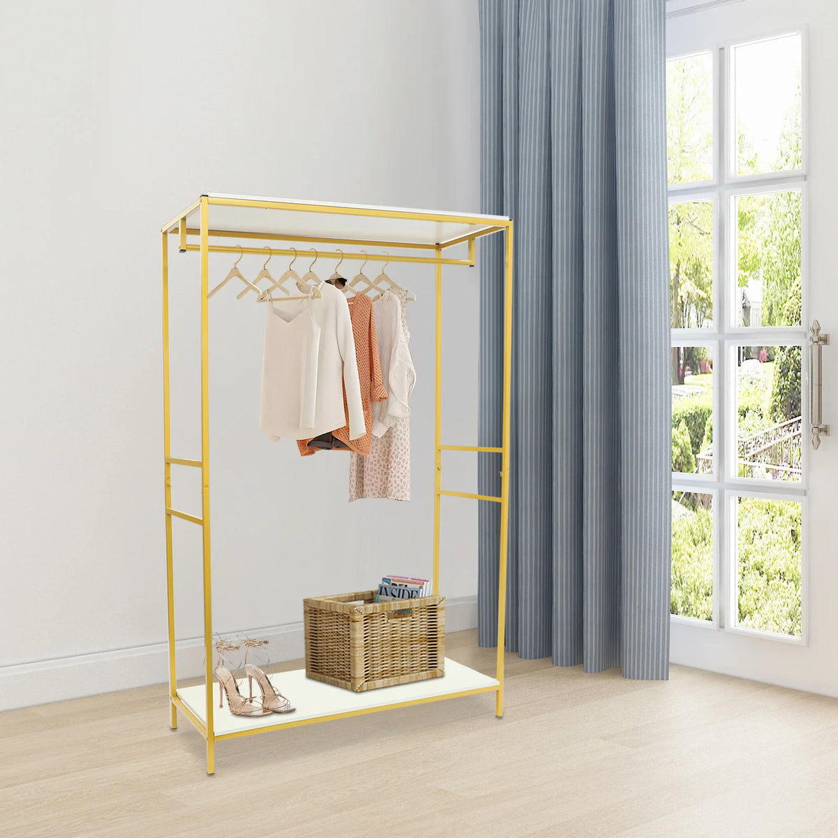 Gold Garment Rack with Shelves