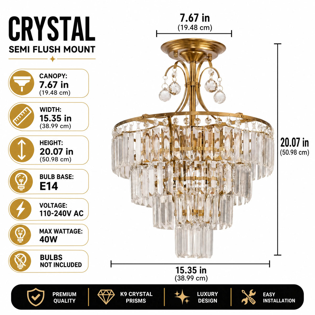 Gold Crystal Semi-Flush Ceiling Light