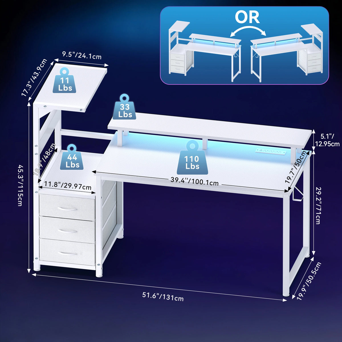 LED Desk with Storage Drawers