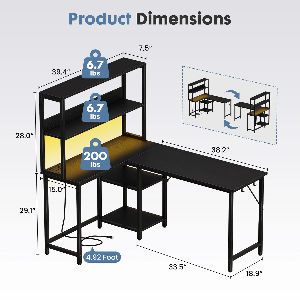 L-Shaped Corner Desk with LED