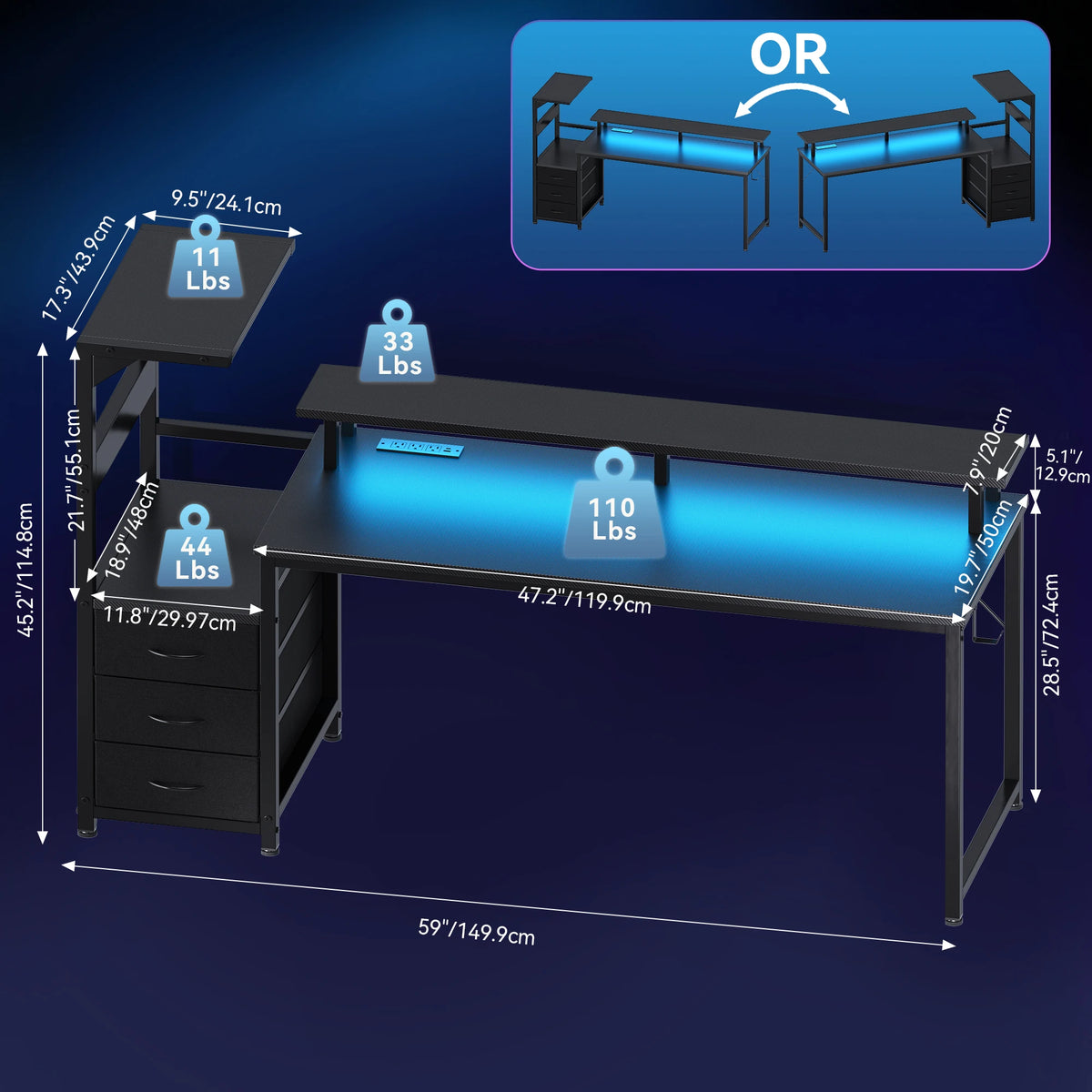 LED Desk with Storage Drawers