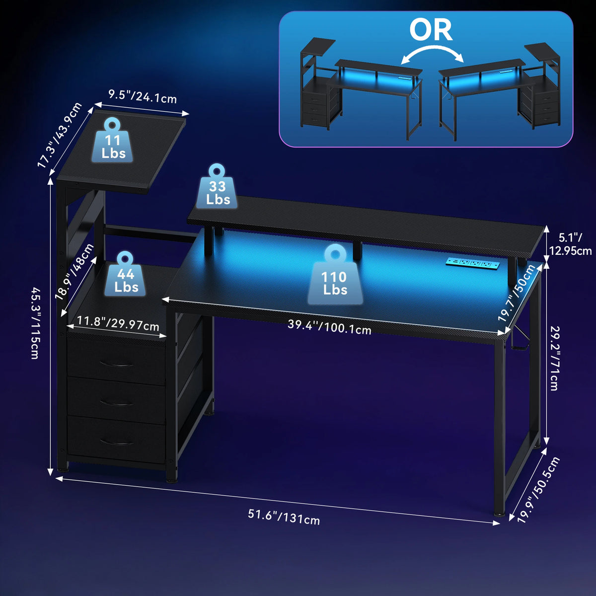 LED Desk with Storage Drawers
