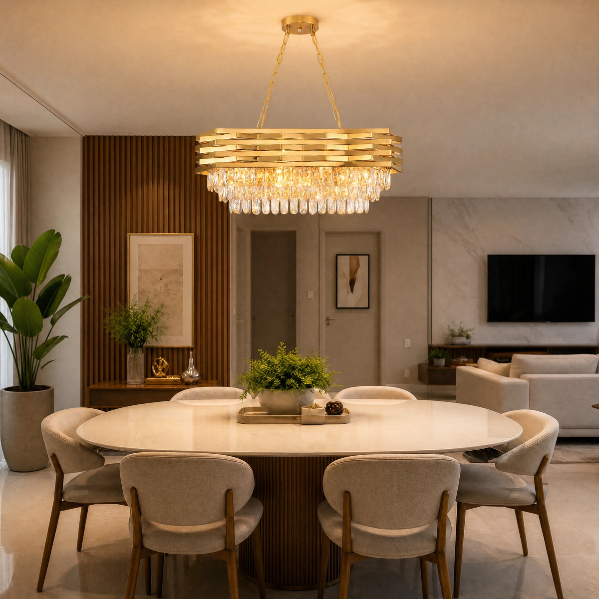 Rectangular Gold Crystal Chandelier