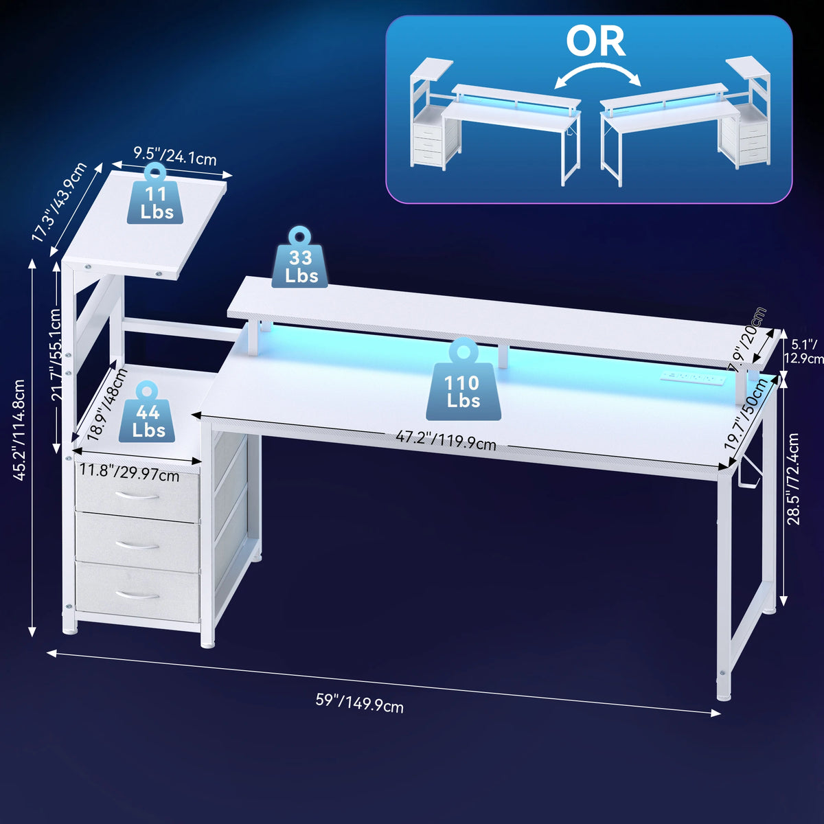LED Desk with Storage Drawers