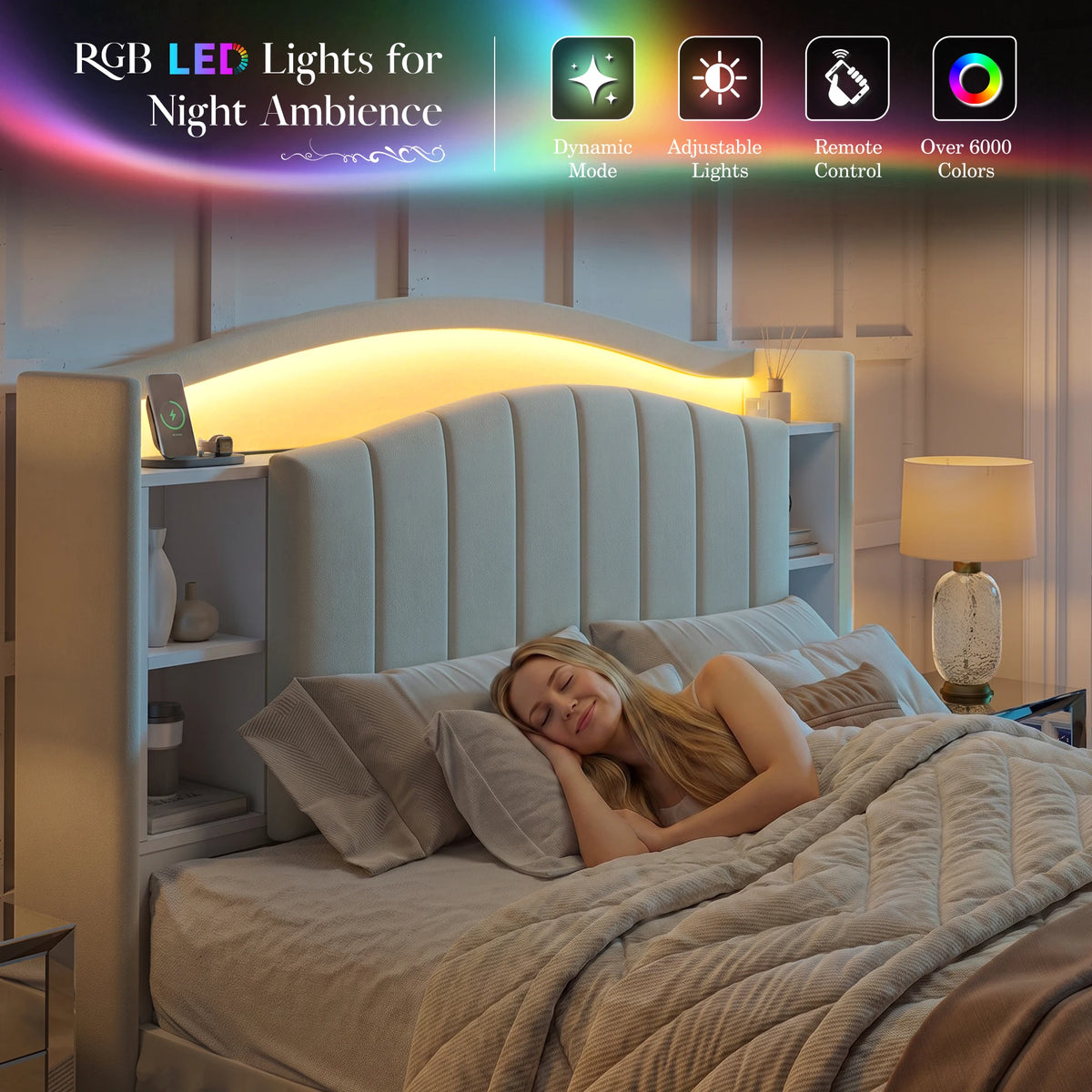Storage Headboard Bed with LED Lights