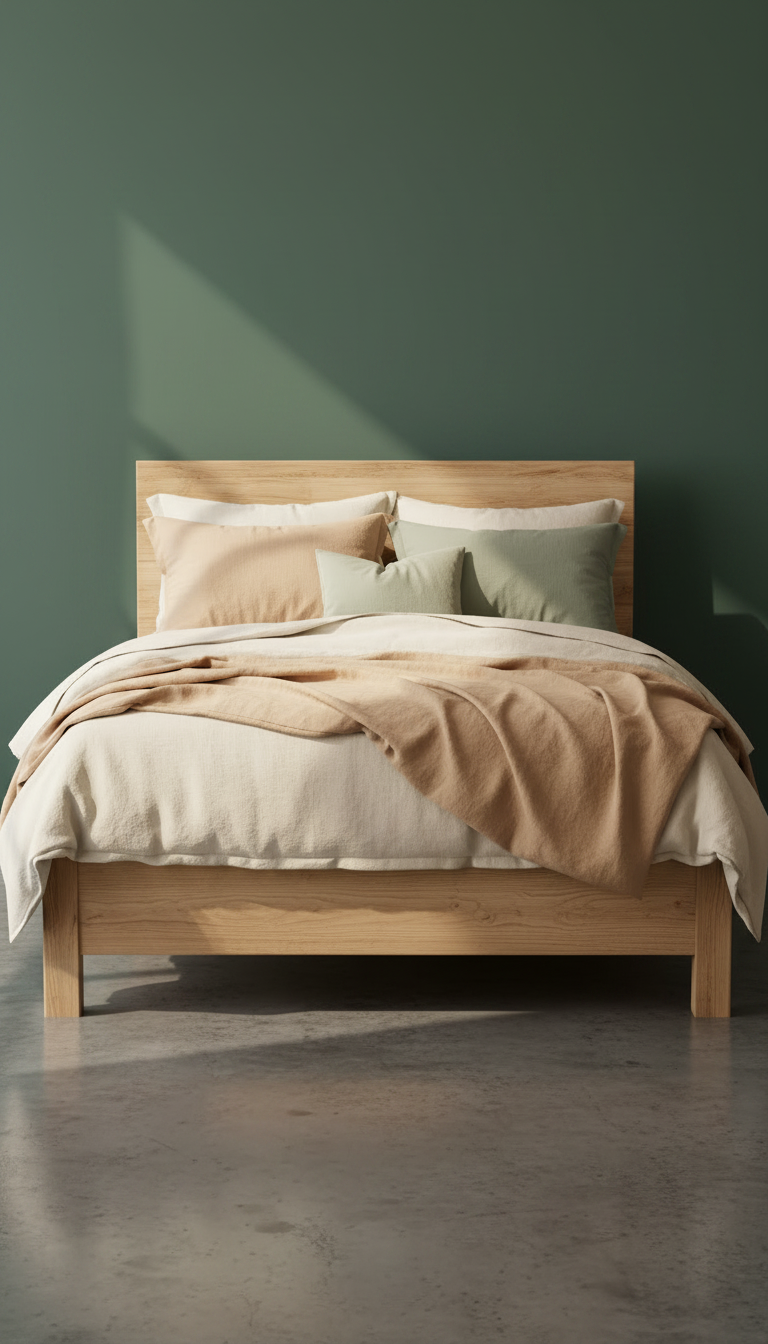 Natural wood bed with slatted headboard in a sunlit bedroom